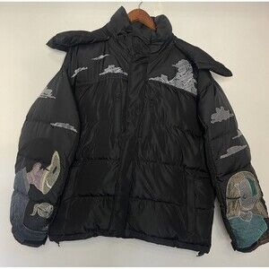 Derschutze Men's Large Black Puffer Jacket Snap On Hood ZIPPER BROKEN